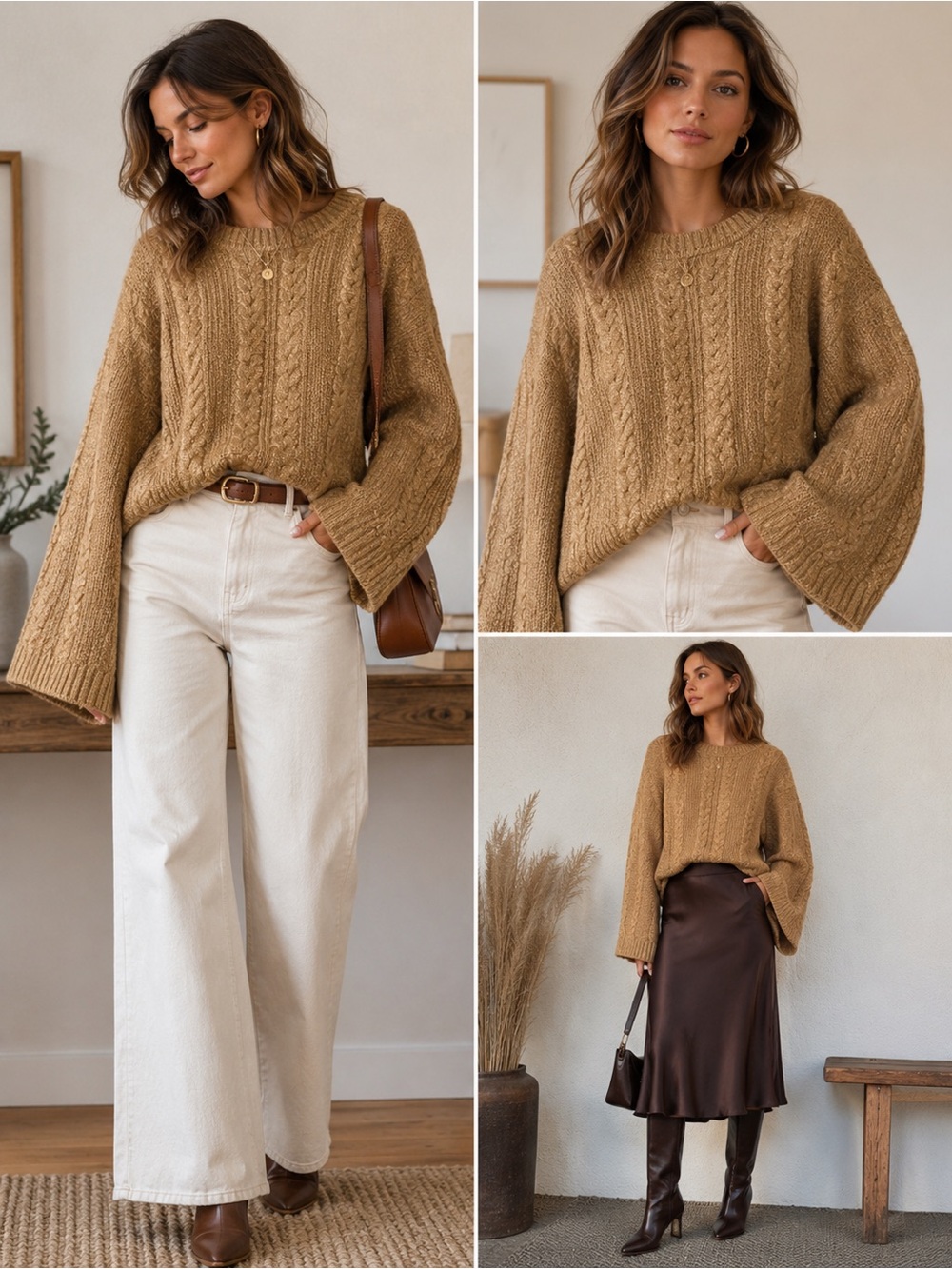 Tahari Beige Tan Cable Knit Boxy Wide Sleeve Crewneck Sweater